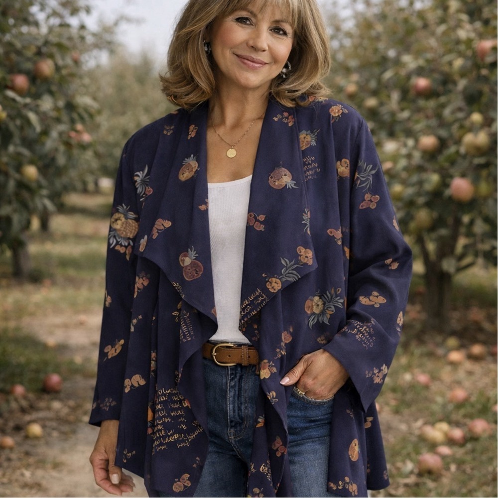 Maggie Sweet Fruit Print Open Front‎ Kimono Jacket Navy Drape Women M Garden